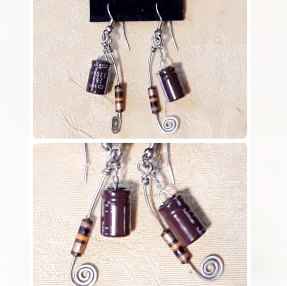 Upcycled Brown Capacitor and Spiral Dangle Earrings - Electronic Jewelry